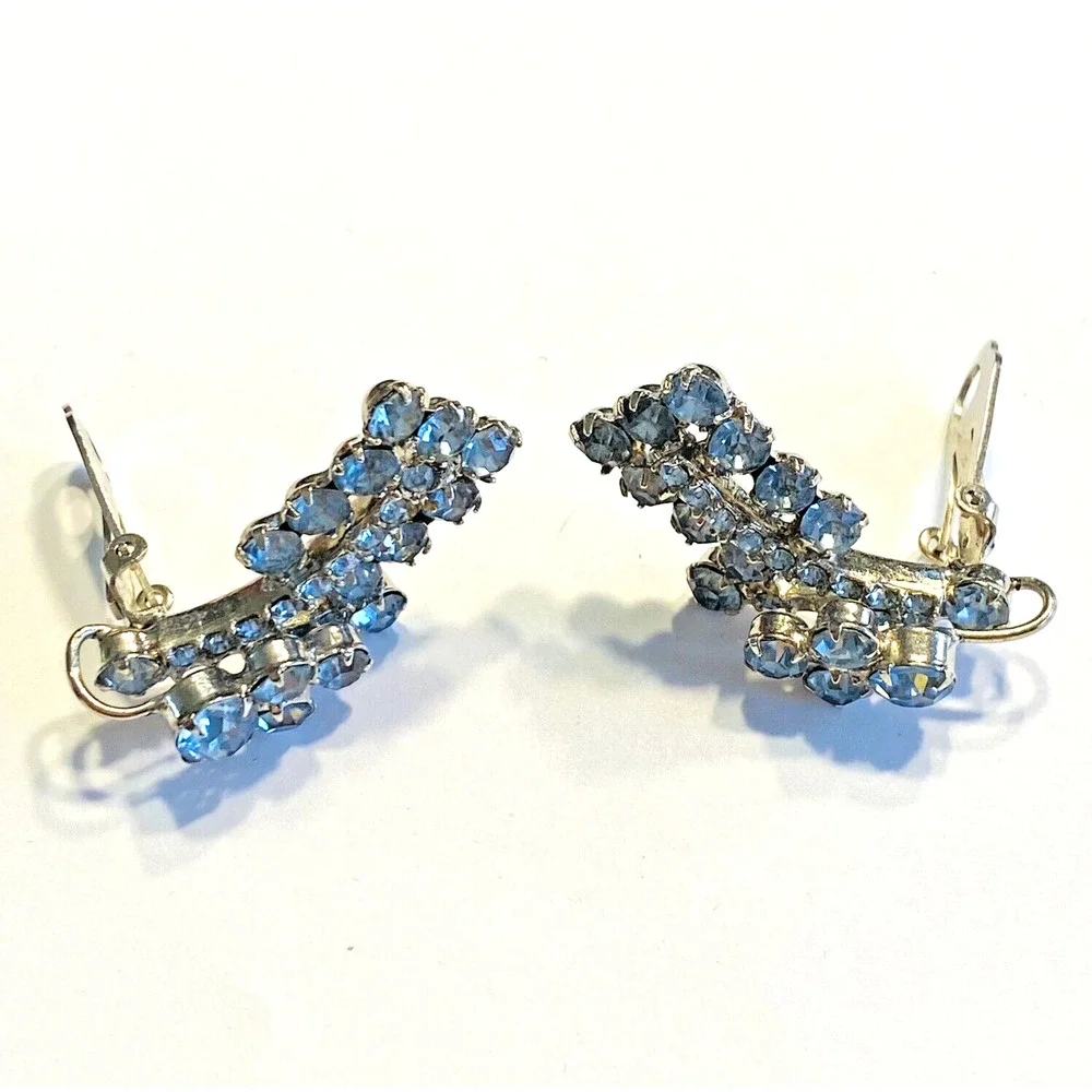 Vintage Clip On Earrings Silver & Light Blue Rhinestones Mid Century Jewelry